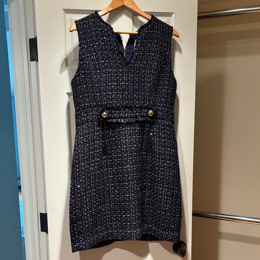 Sail to Sable Navy Tweed Mini Dress with Gold Buttons